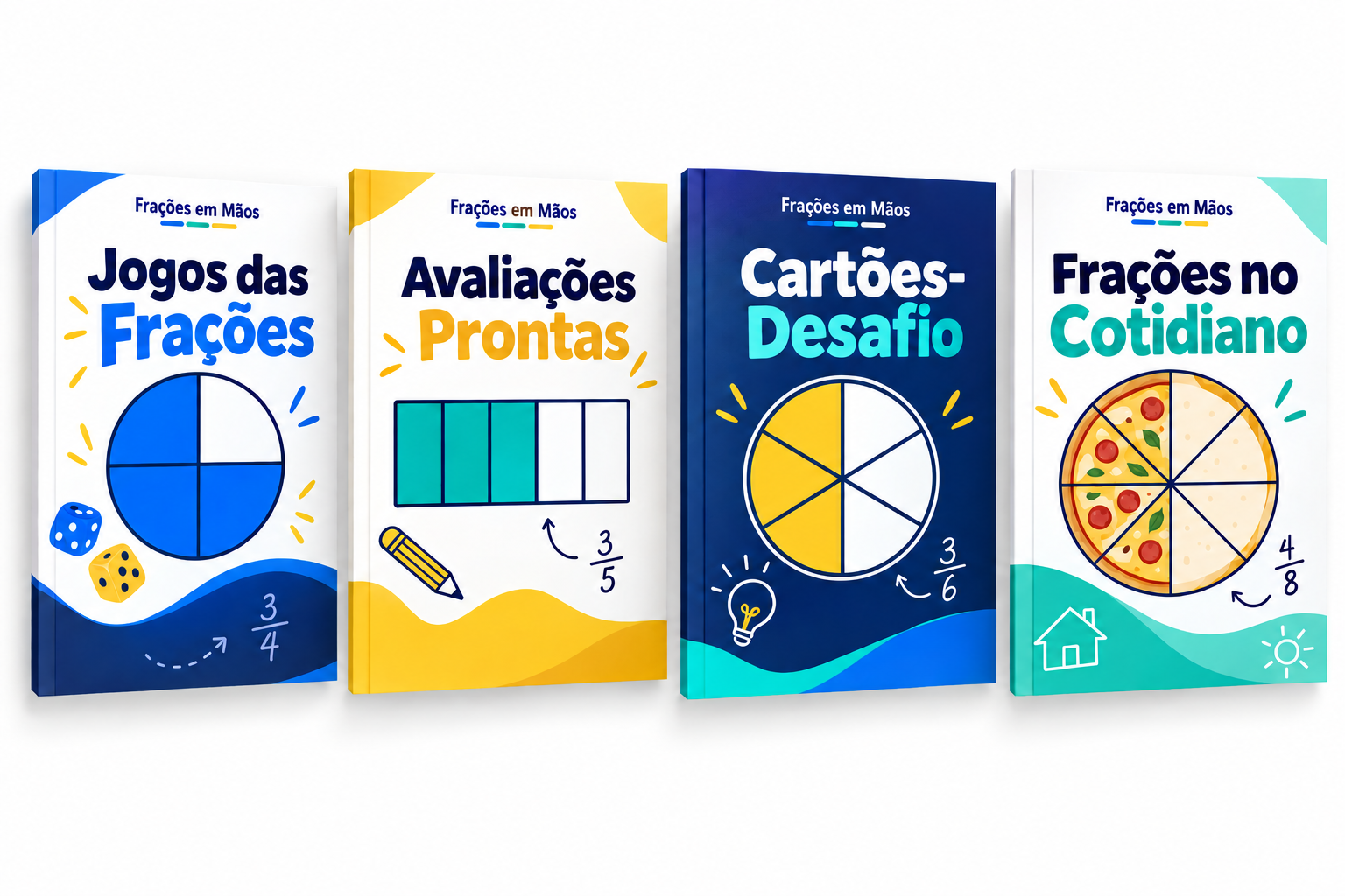 Os quatro materiais bônus: Jogos das Frações, Avaliações Prontas, Cartões-Desafio e Frações no Cotidiano